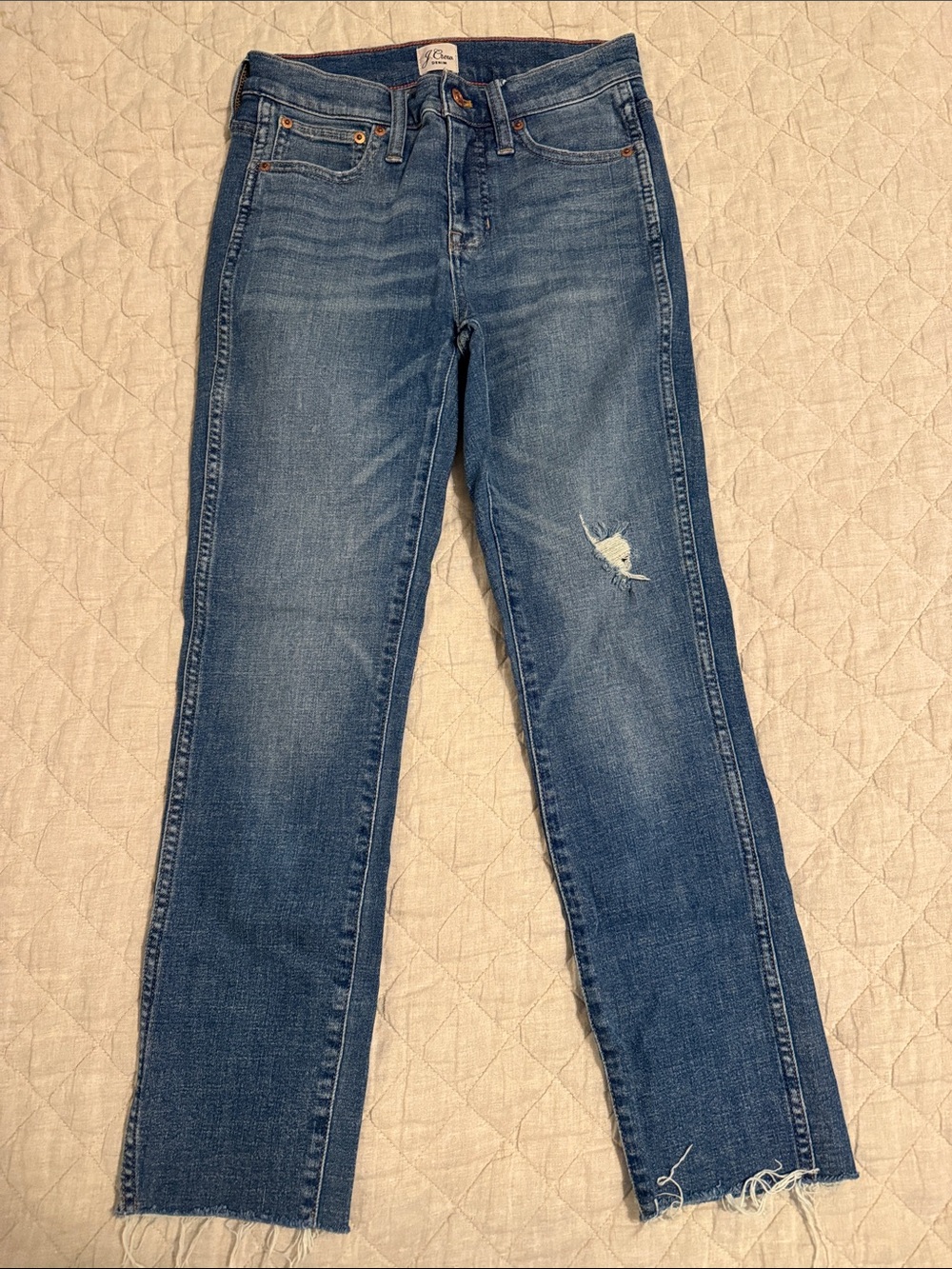 J. Crew Medium Blue Straight-Leg Jeans with Frayed Hem